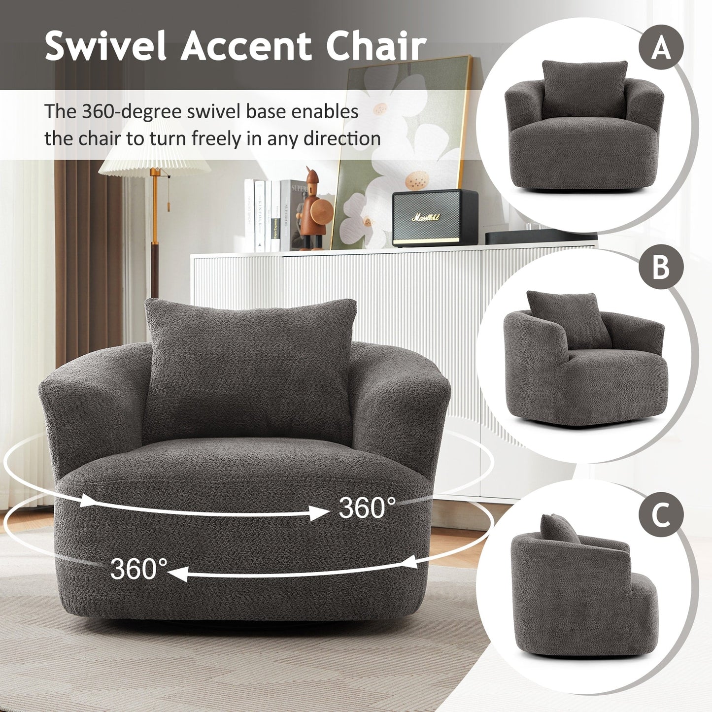 Chaise pivotante à 360°, chaise d'appoint en boucle de 38,2 pouces avec coussin décoratif, fauteuil canapé en forme de baril avec accoudoirs incurvés.