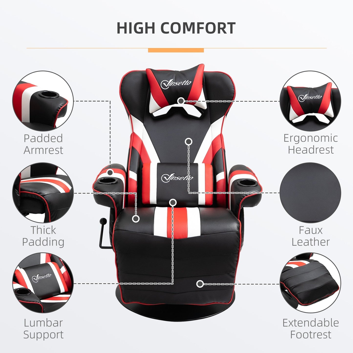 Chaise de jeu inclinable pivotante à 360° de style course automobile avec support lombaire, repose-pieds et double porte-gobelets pour salle de jeux.