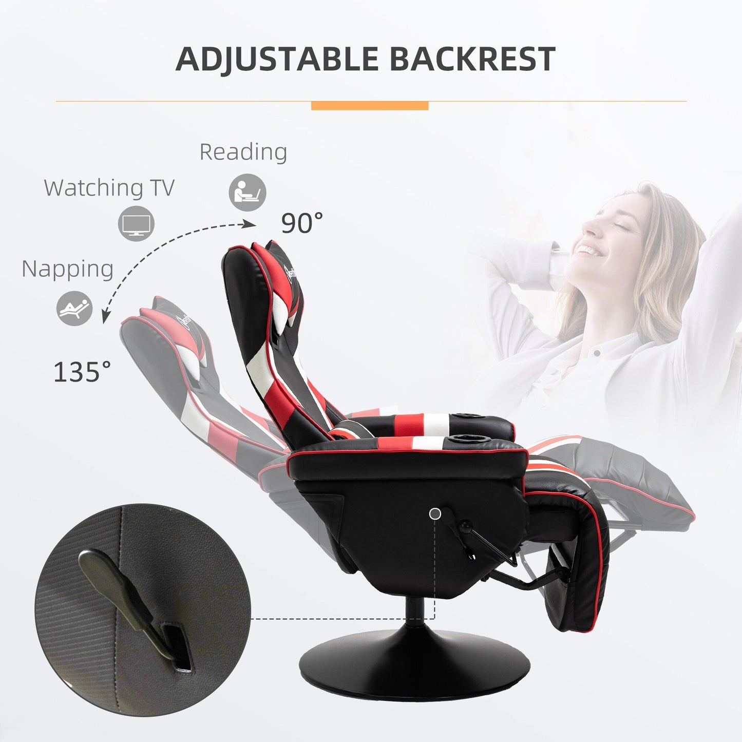 Chaise de jeu inclinable pivotante à 360° de style course automobile avec support lombaire, repose-pieds et double porte-gobelets pour salle de jeux.
