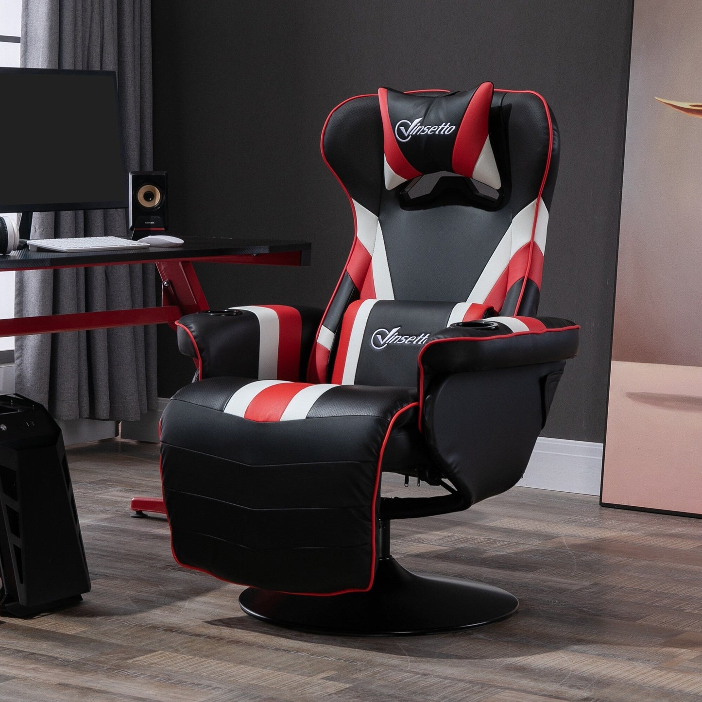 Chaise de jeu inclinable pivotante à 360° de style course automobile avec support lombaire, repose-pieds et double porte-gobelets pour salle de jeux.