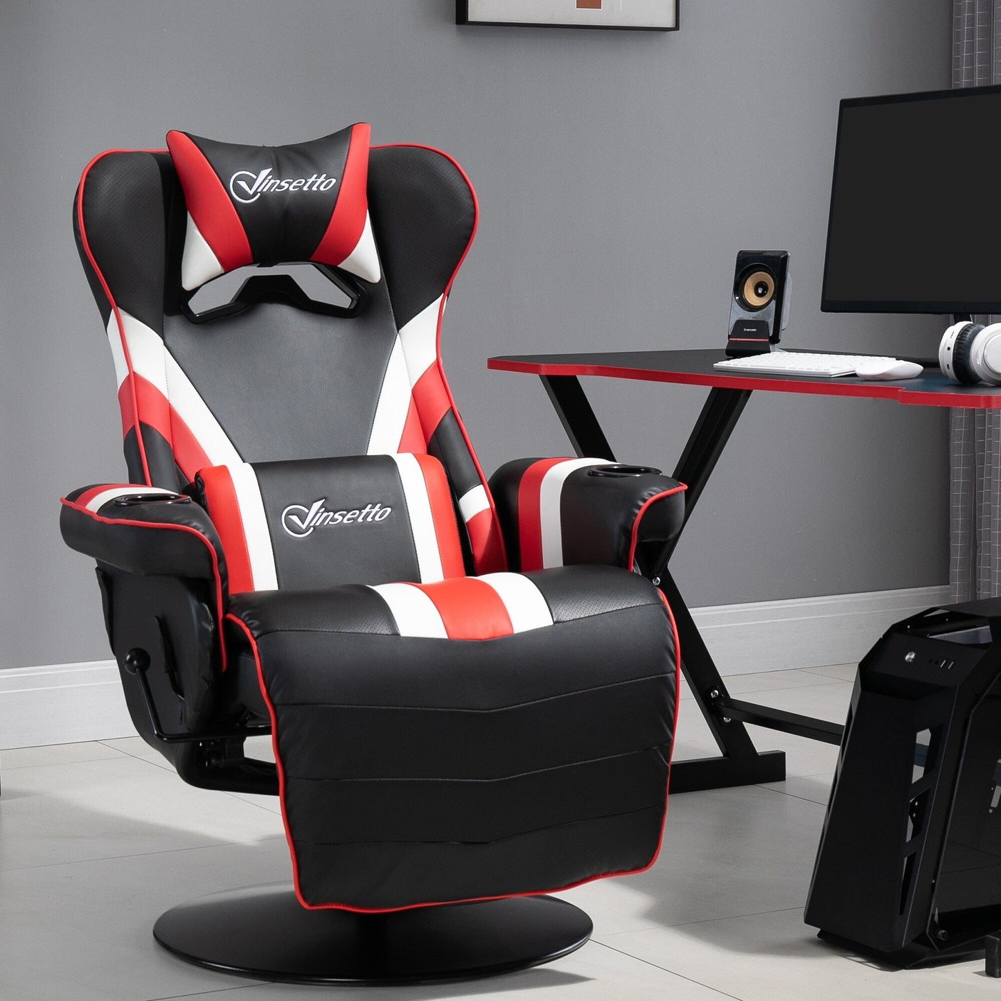 Chaise de jeu inclinable pivotante à 360° de style course automobile avec support lombaire, repose-pieds et double porte-gobelets pour salle de jeux.