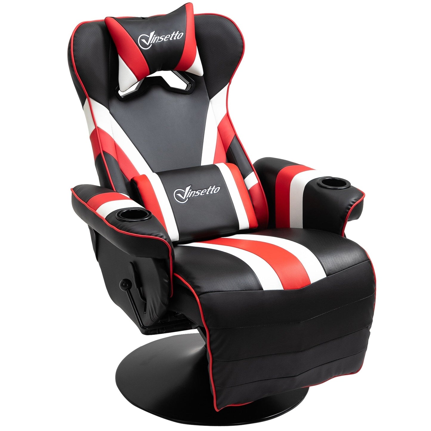 Chaise de jeu inclinable pivotante à 360° de style course automobile avec support lombaire, repose-pieds et double porte-gobelets pour salle de jeux.
