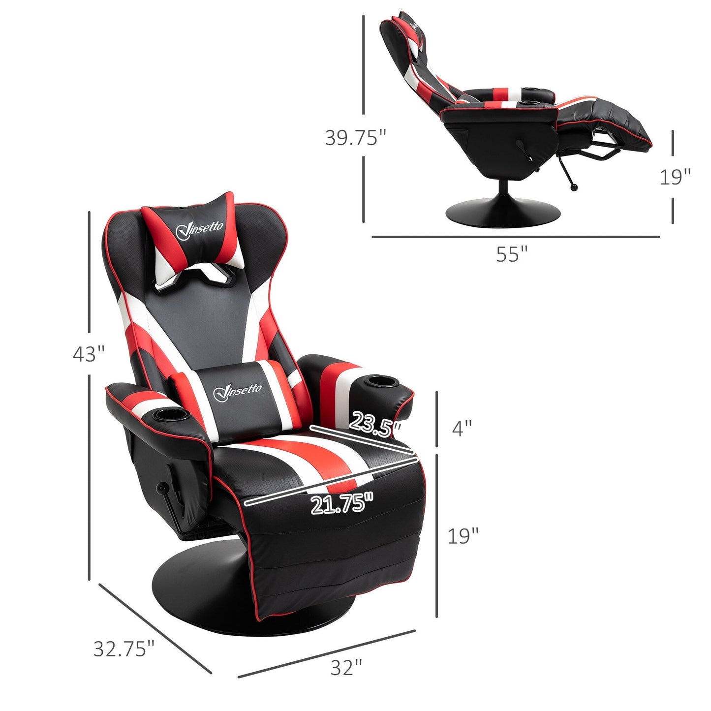 Chaise de jeu inclinable pivotante à 360° de style course automobile avec support lombaire, repose-pieds et double porte-gobelets pour salle de jeux.