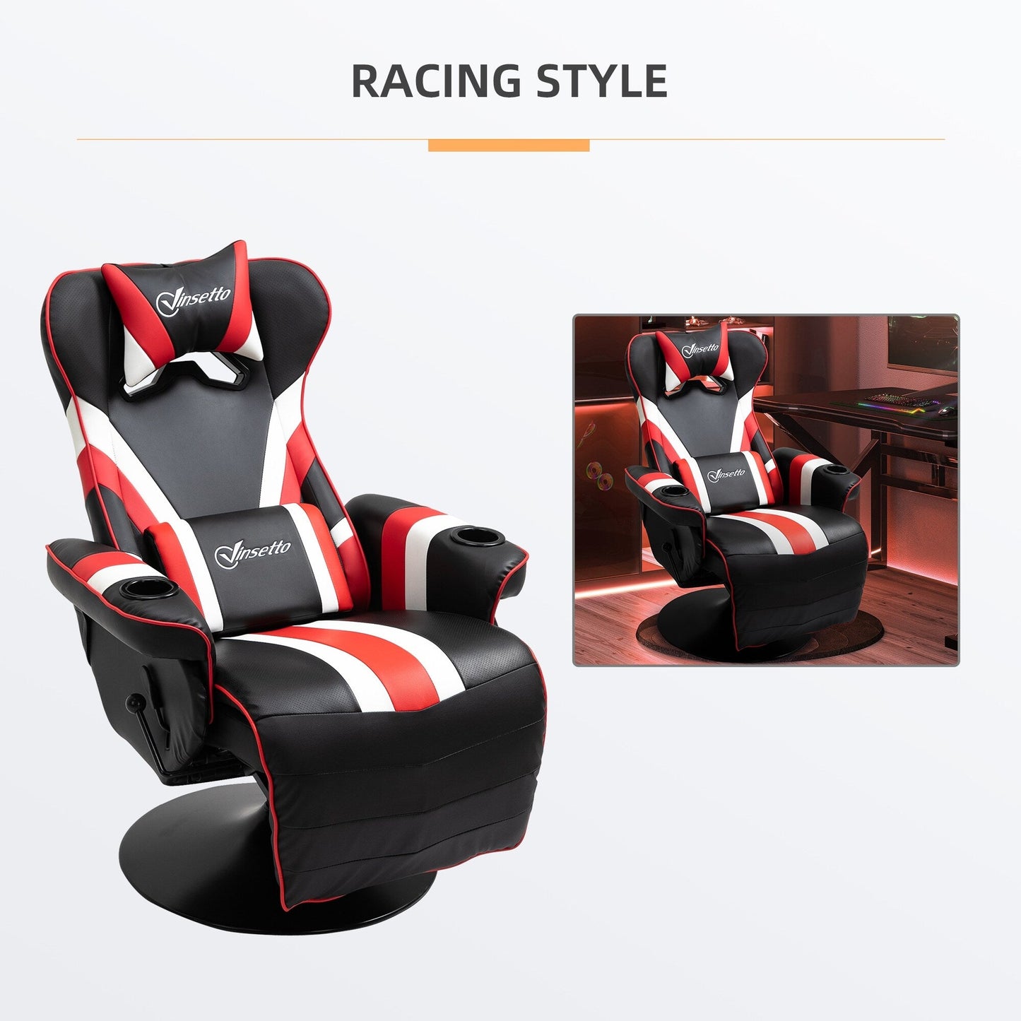 Chaise de jeu inclinable pivotante à 360° de style course automobile avec support lombaire, repose-pieds et double porte-gobelets pour salle de jeux.