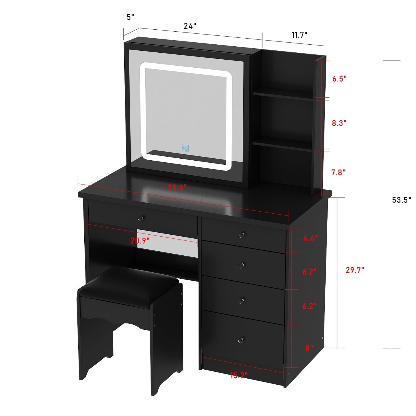 Ensemble de coiffeuse de maquillage de 99,5 cm de large avec tabouret et miroir