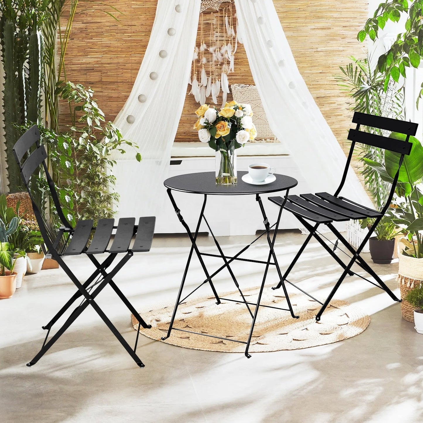 Ensemble de bistro pliable en métal 3 pièces, ensemble de conversation résistant aux intempéries pour l'intérieur et l'extérieur, pour patio, cour, jardin.