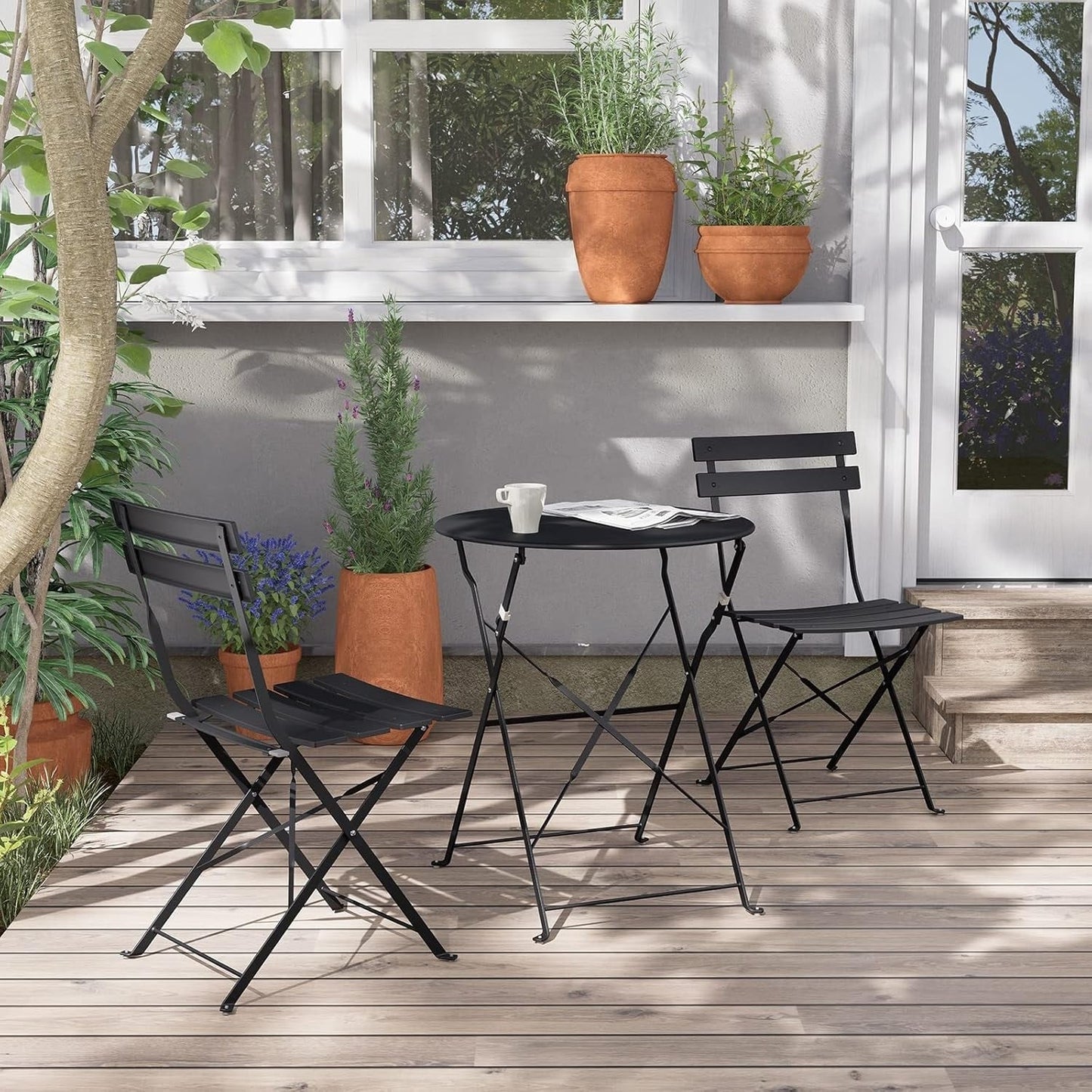 Ensemble de bistro pliable en métal 3 pièces, ensemble de conversation résistant aux intempéries pour l'intérieur et l'extérieur, pour patio, cour, jardin.