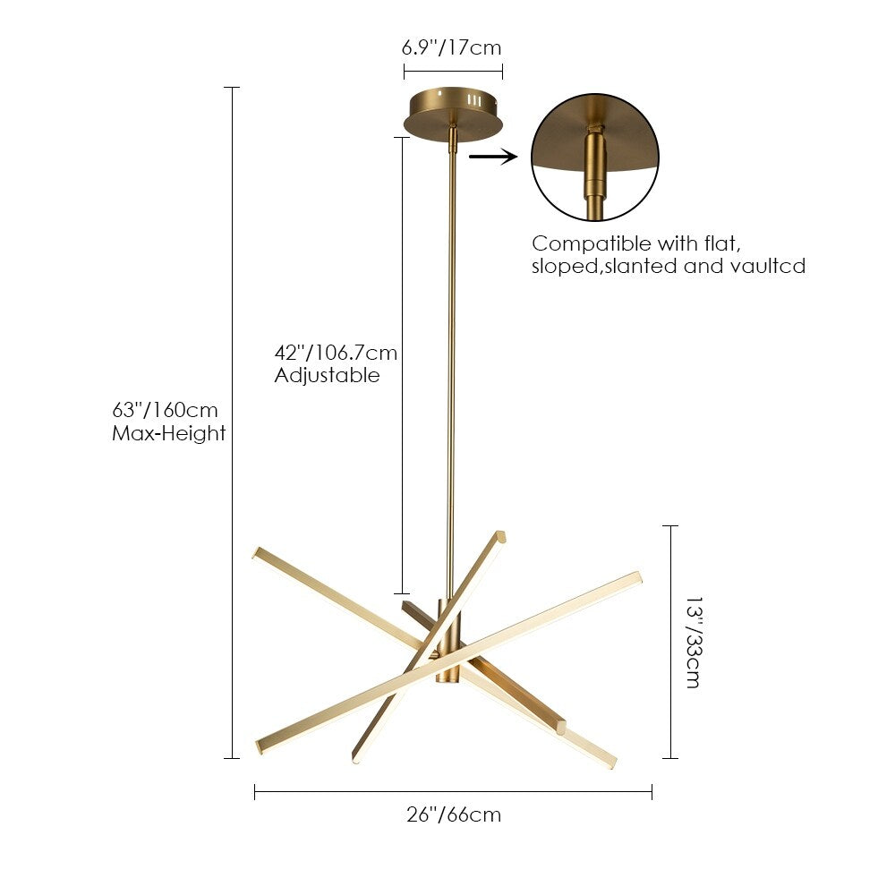 Luminaire suspendu linéaire en forme de sputnik, en aluminium noir/doré, à LED, style moderne, pour salon/salle à manger/cuisine.