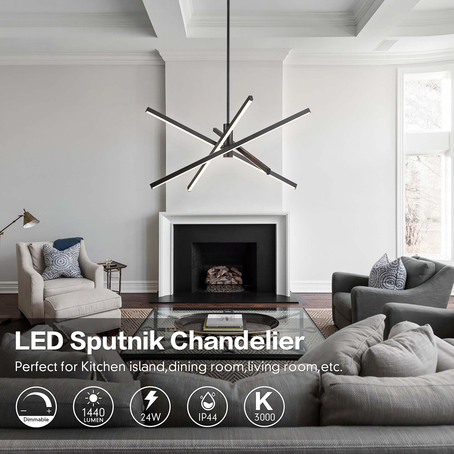 Luminaire suspendu linéaire en forme de sputnik, en aluminium noir/doré, à LED, style moderne, pour salon/salle à manger/cuisine.