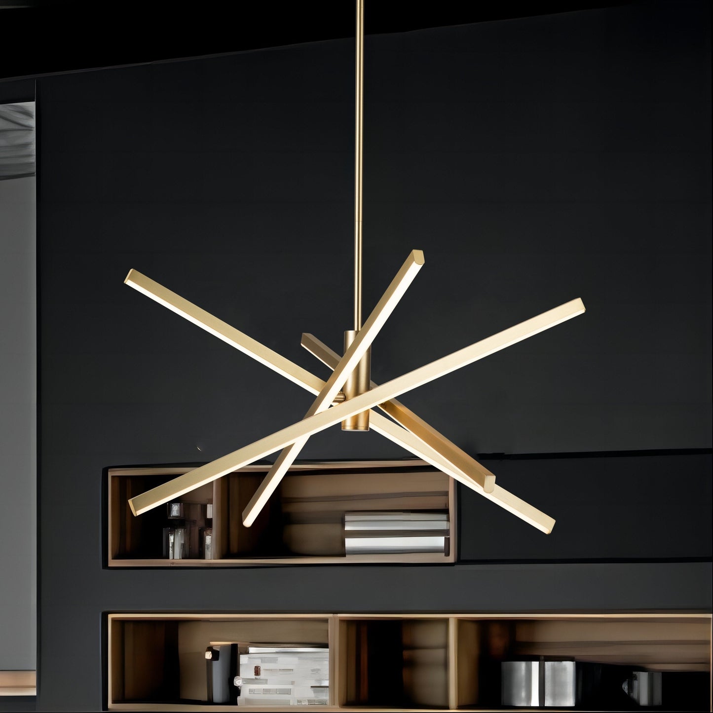 Luminaire suspendu linéaire en forme de sputnik, en aluminium noir/doré, à LED, style moderne, pour salon/salle à manger/cuisine.