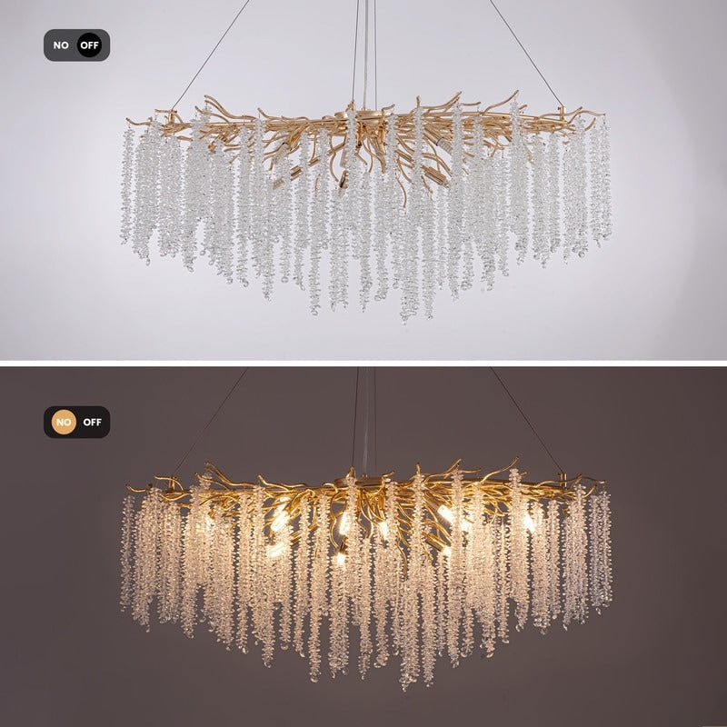 Luminaire rectangulaire moderne en cristal doré, branches d'arbre, 40 po, pour salle à manger, îlot de cuisine, lustre à branches.