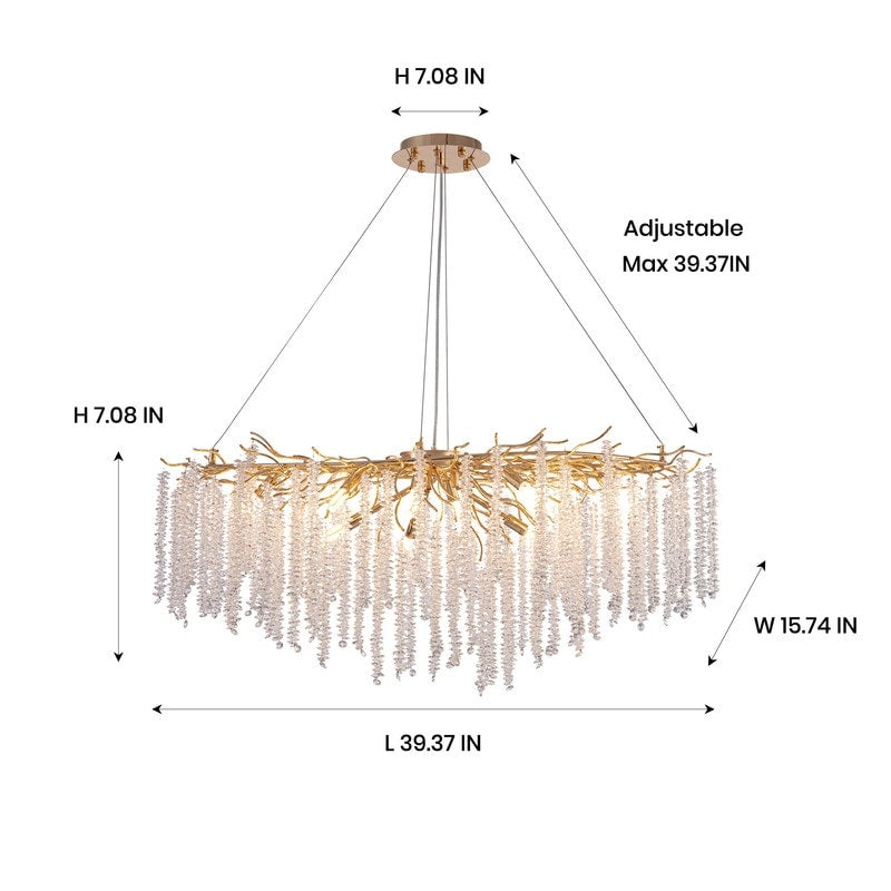 Luminaire rectangulaire moderne en cristal doré, branches d'arbre, 40 po, pour salle à manger, îlot de cuisine, lustre à branches.