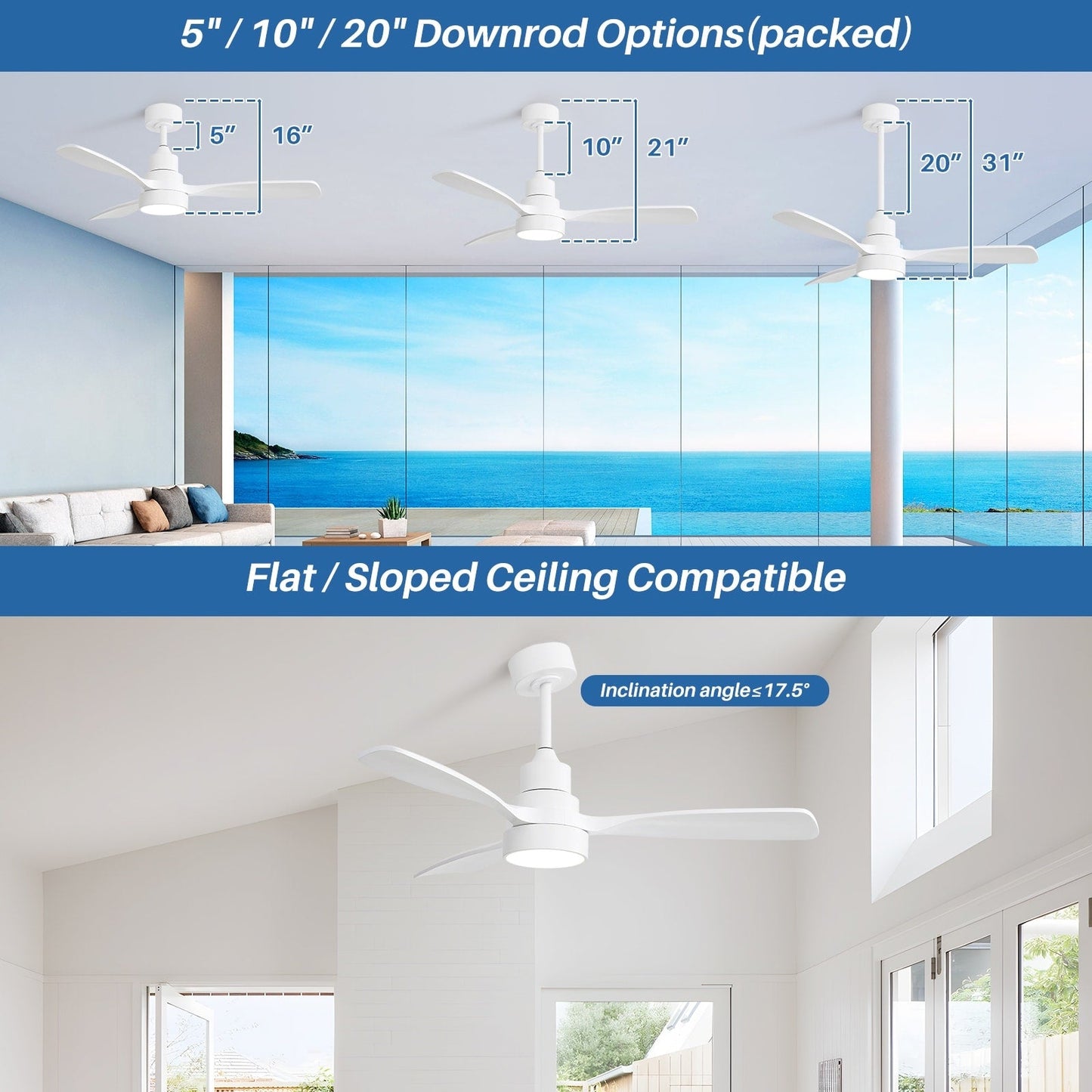 Ventilateur de plafond à LED intégré de 48 et 52 pouces avec éclairage et télécommande, moteur à courant continu réversible.