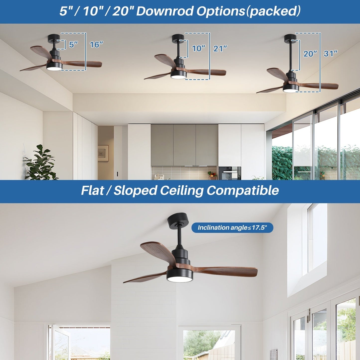Ventilateur de plafond à LED intégré de 48 et 52 pouces avec éclairage et télécommande, moteur à courant continu réversible.