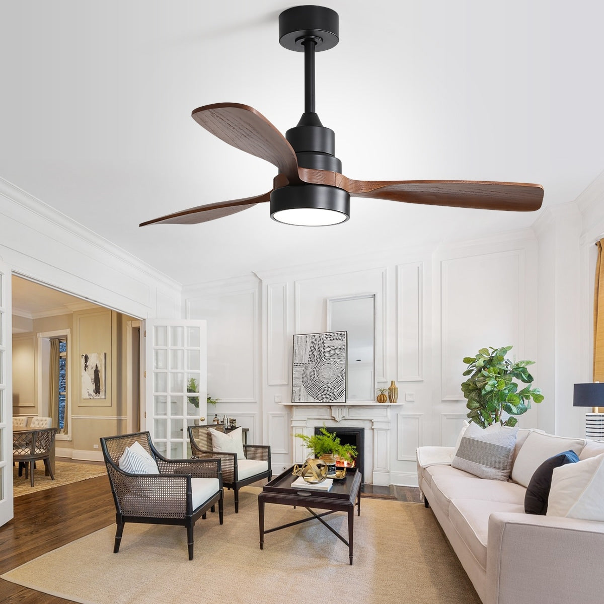 Ventilateur de plafond à LED intégré de 48 et 52 pouces avec éclairage et télécommande, moteur à courant continu réversible.