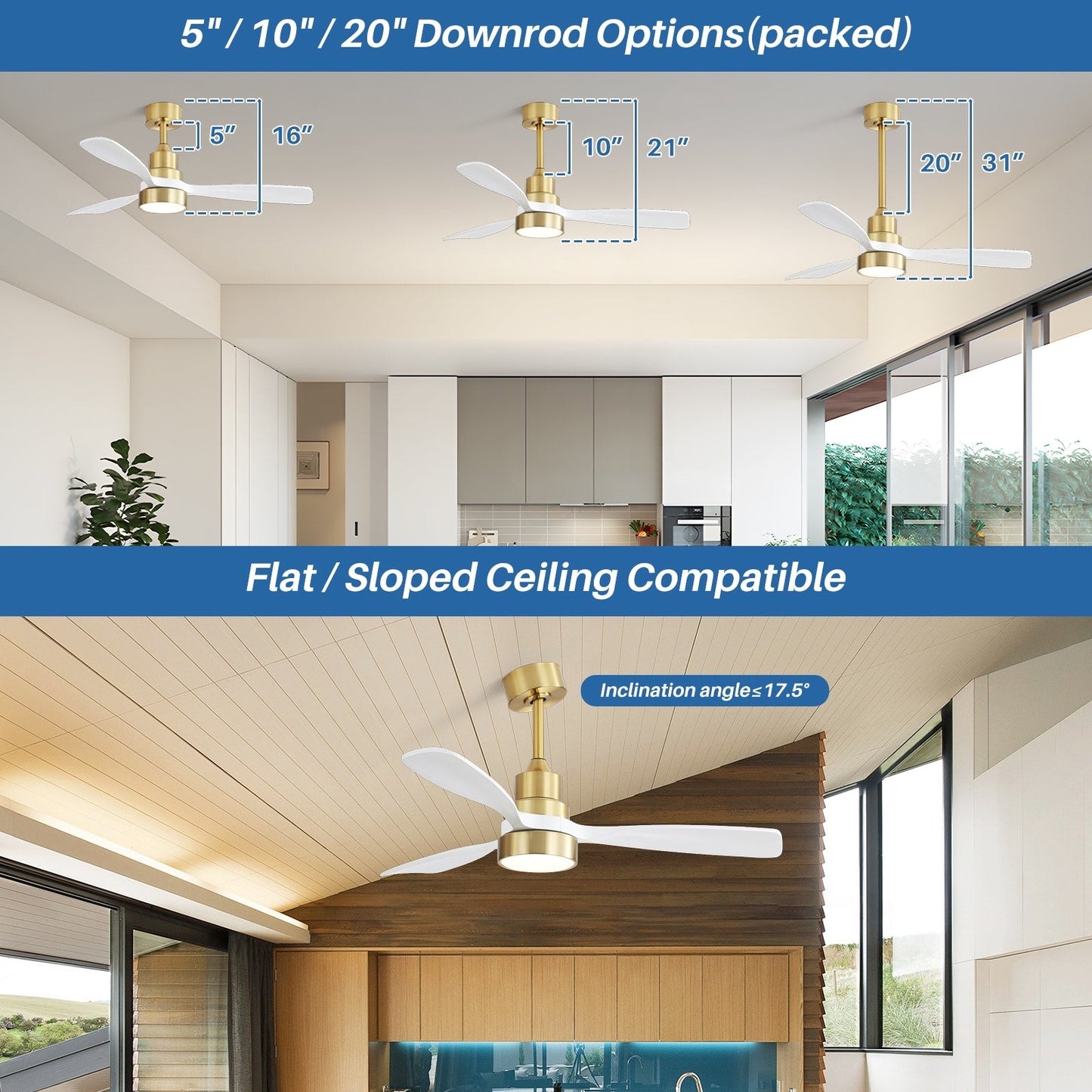 Ventilateur de plafond à LED intégré de 48 et 52 pouces avec éclairage et télécommande, moteur à courant continu réversible.