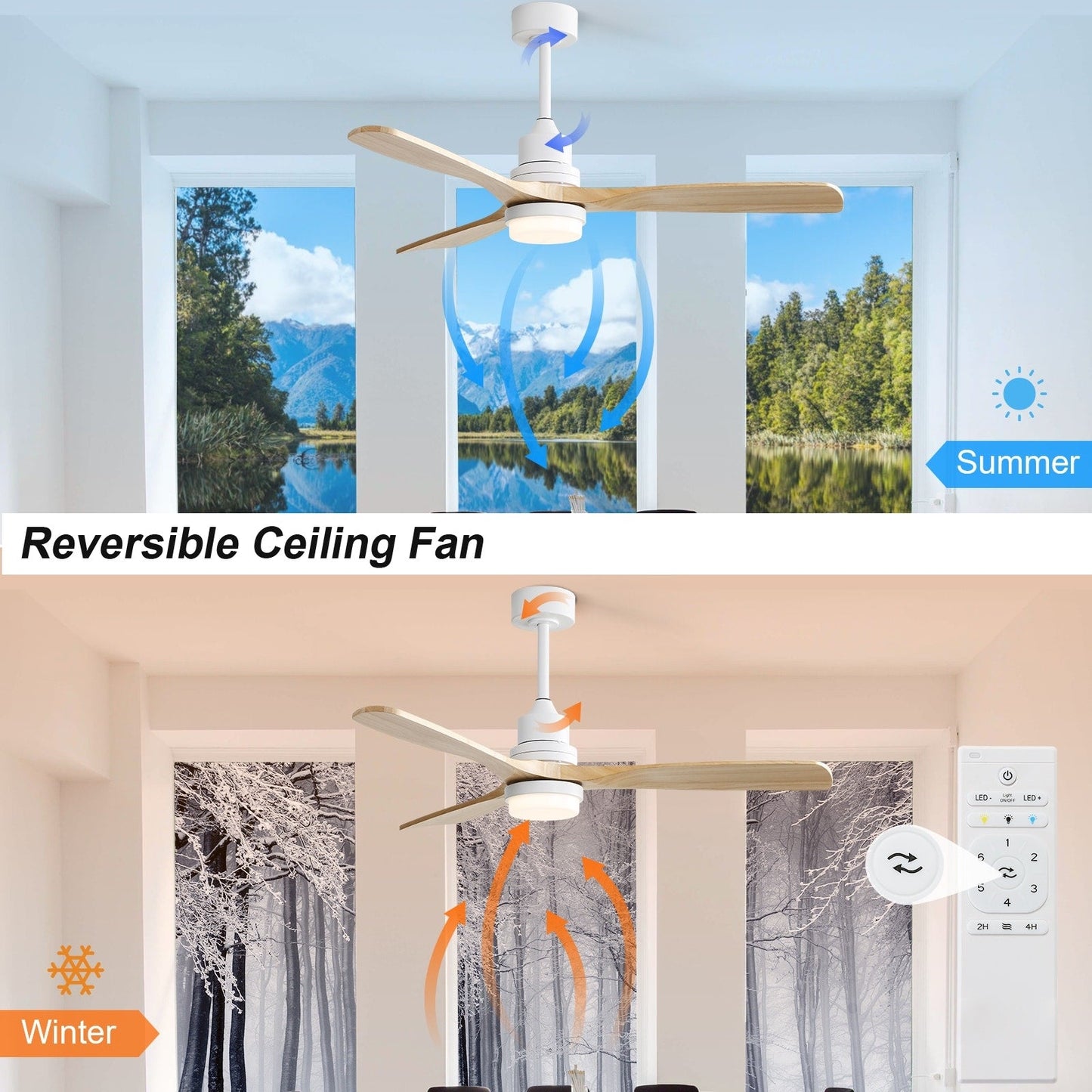 Ventilateur de plafond à LED intégré de 48 et 52 pouces avec éclairage et télécommande, moteur à courant continu réversible.