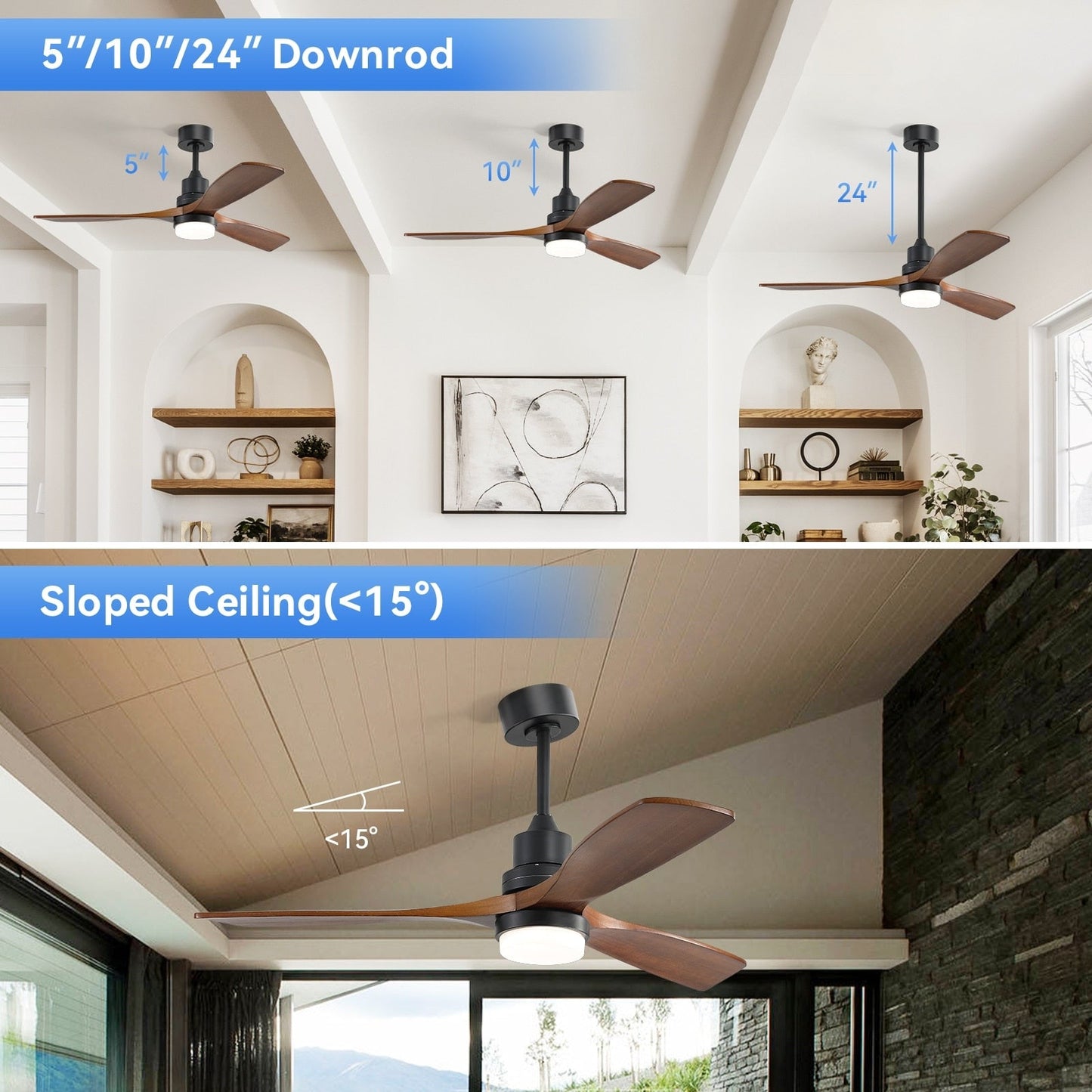 Ventilateur de plafond à LED intégré de 48 et 52 pouces avec éclairage et télécommande, moteur à courant continu réversible.