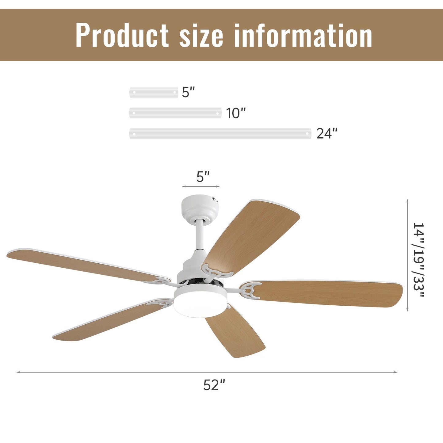 Ventilateur de plafond à LED intégré de 48 et 52 pouces avec éclairage et télécommande, moteur à courant continu réversible.