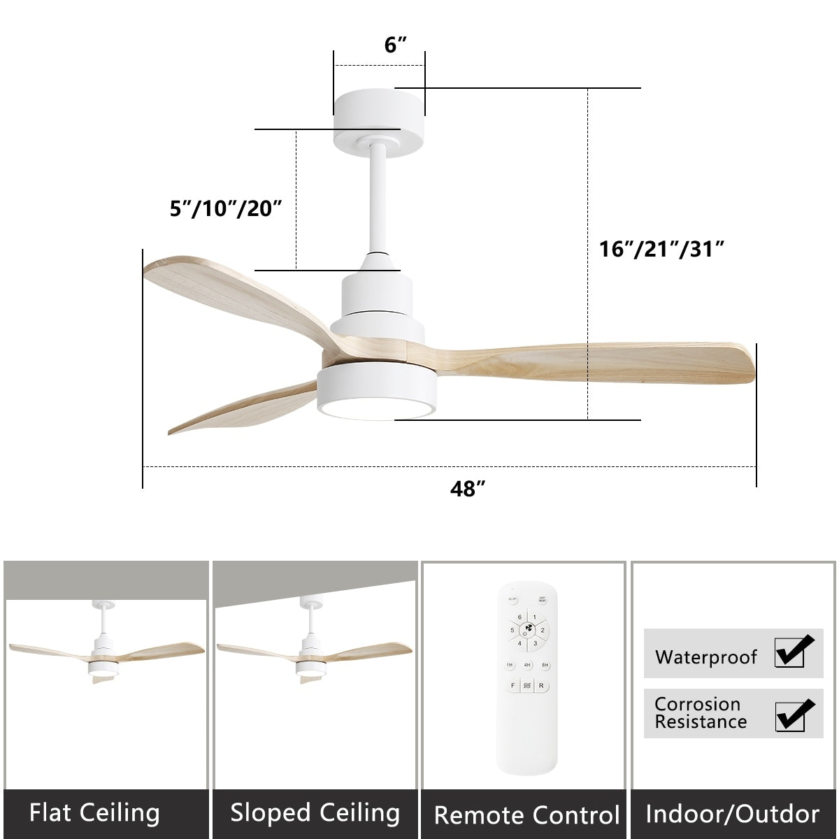 Ventilateur de plafond à LED intégré de 48 et 52 pouces avec éclairage et télécommande, moteur à courant continu réversible.