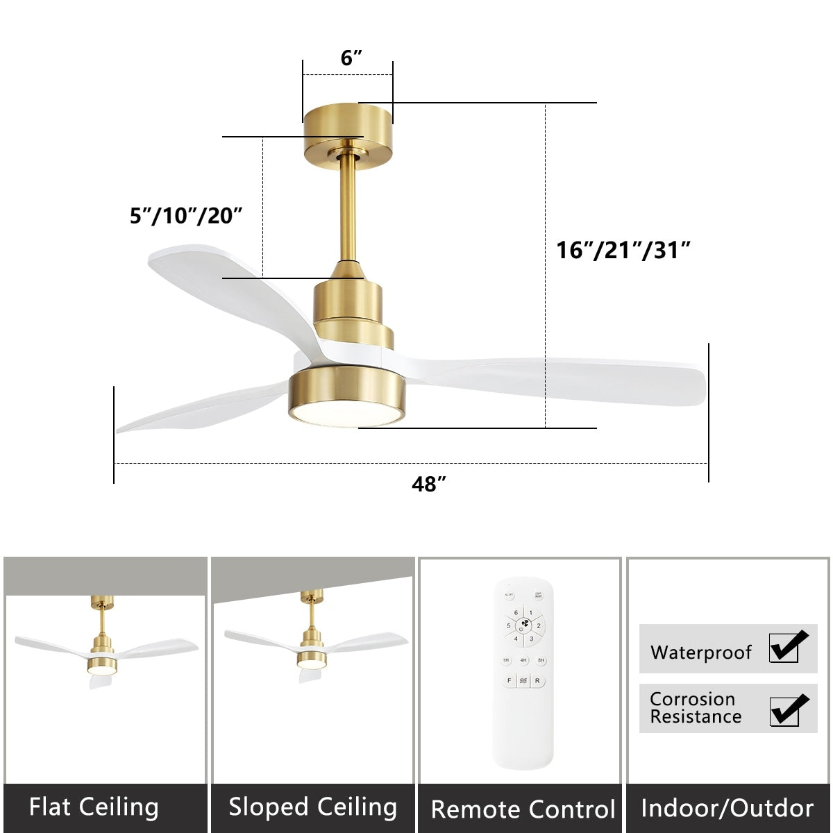 Ventilateur de plafond à LED intégré de 48 et 52 pouces avec éclairage et télécommande, moteur à courant continu réversible.