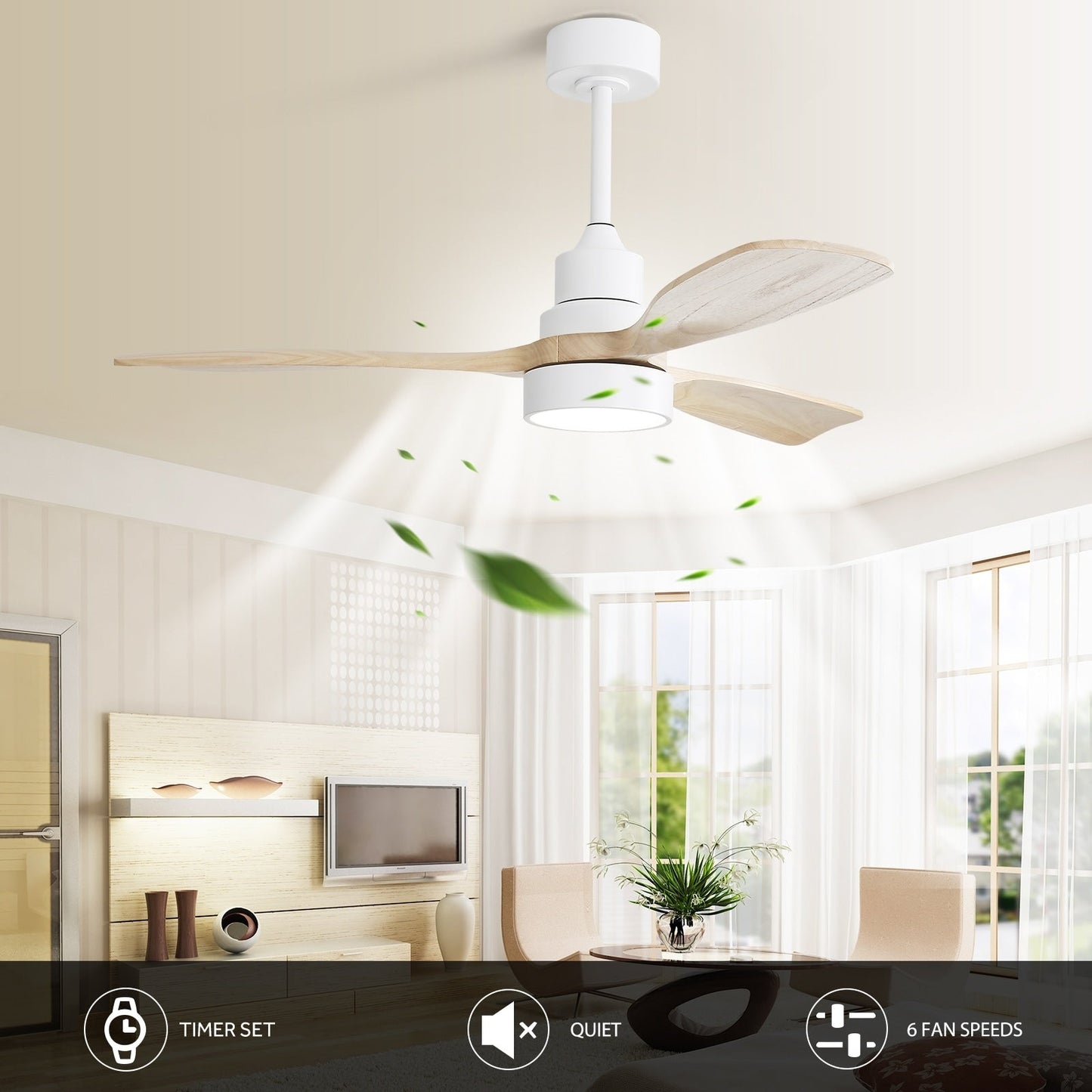 Ventilateur de plafond à LED intégré de 48 et 52 pouces avec éclairage et télécommande, moteur à courant continu réversible.