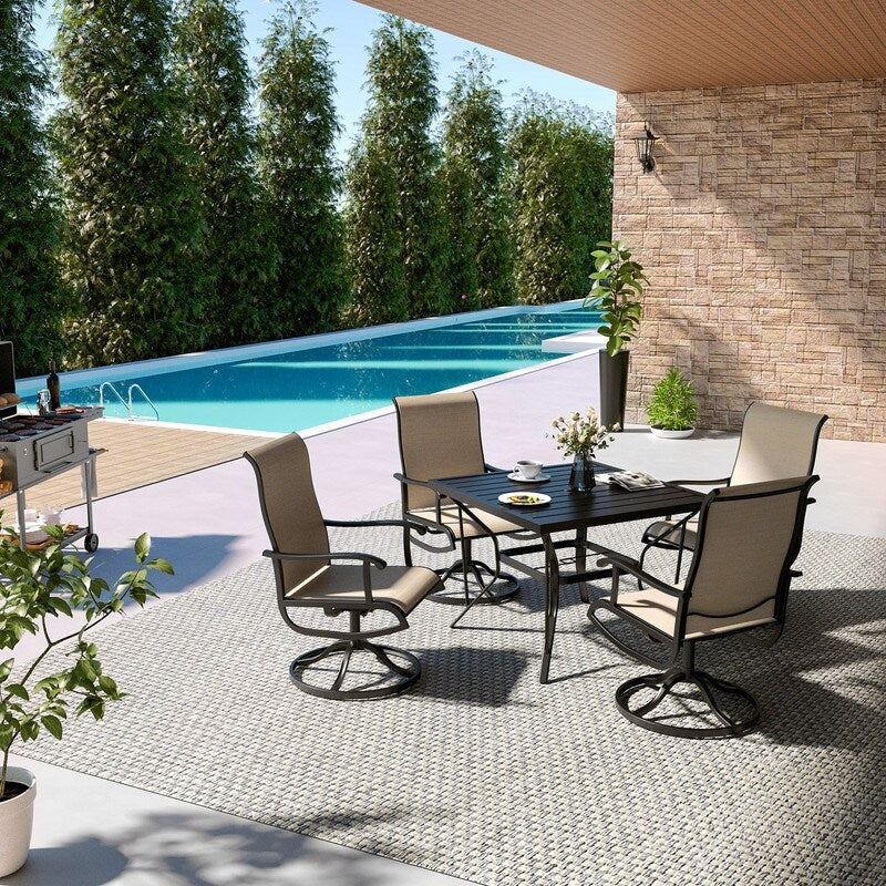 Ensemble de repas de jardin en métal 5 pièces avec table carrée et chaises pivotantes en Textilene