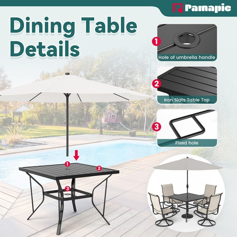 Ensemble de repas de jardin en métal 5 pièces avec table carrée et chaises pivotantes en Textilene