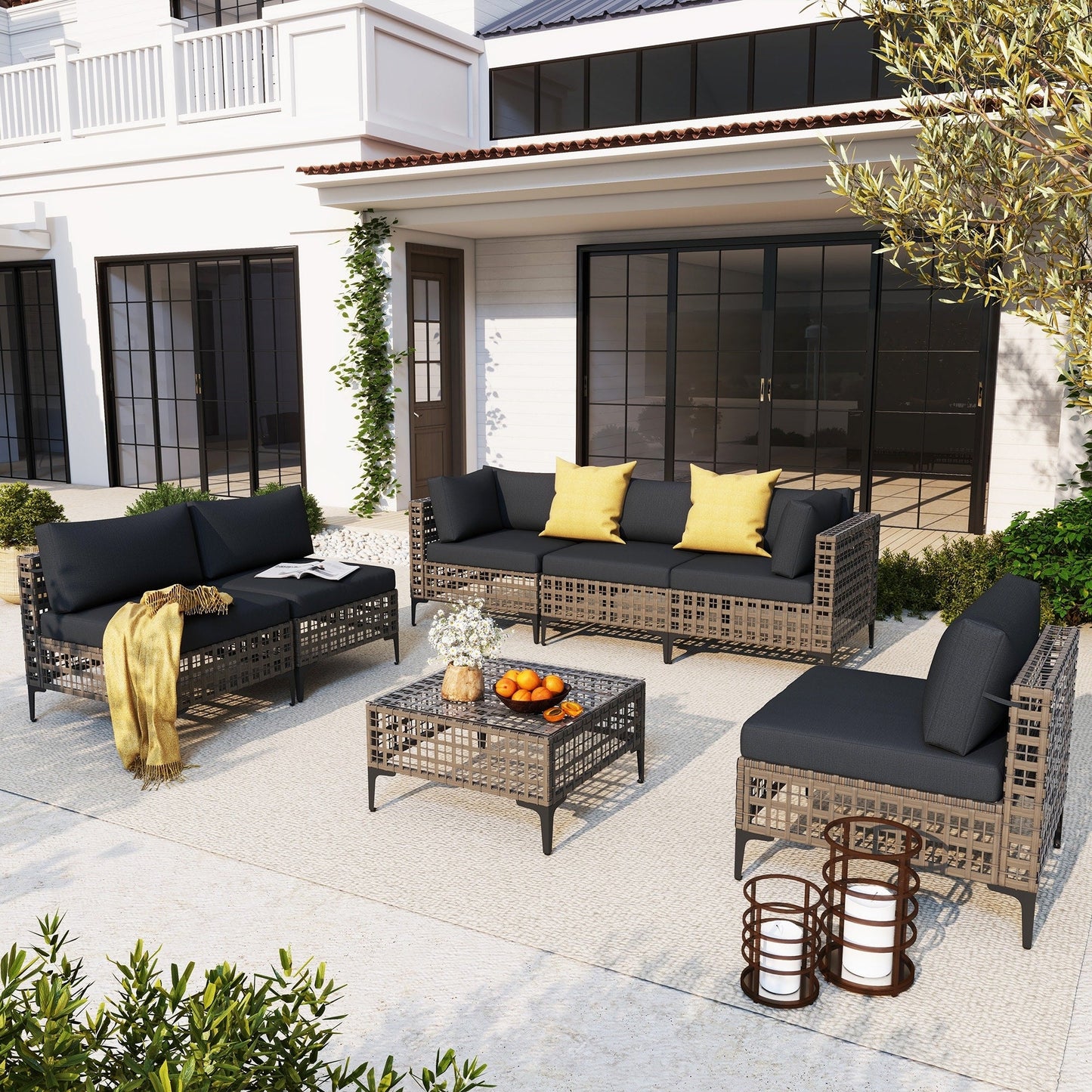 Ensemble de canapés modulaires d'extérieur pour 6 personnes avec coussins