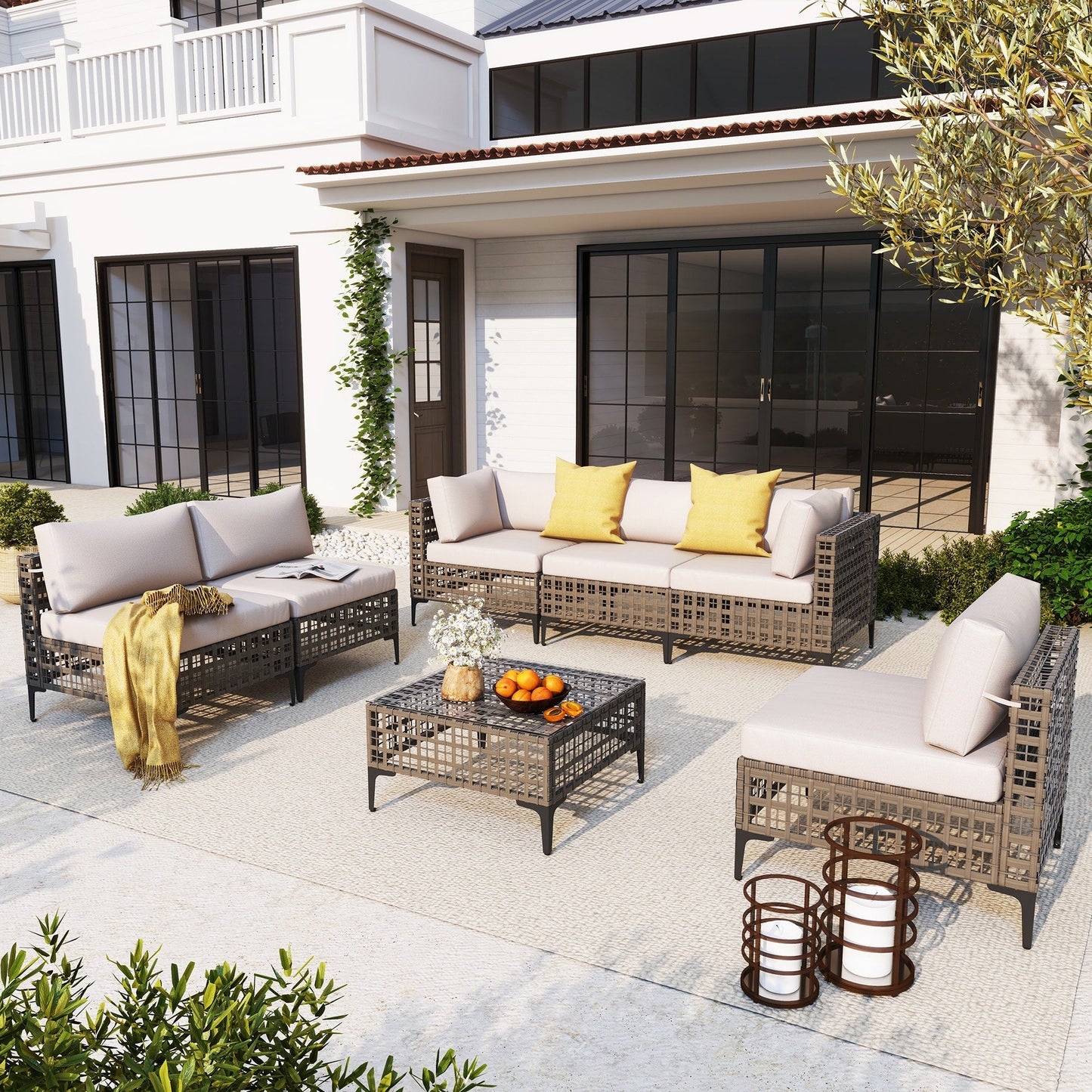 Ensemble de canapés modulaires d'extérieur pour 6 personnes avec coussins
