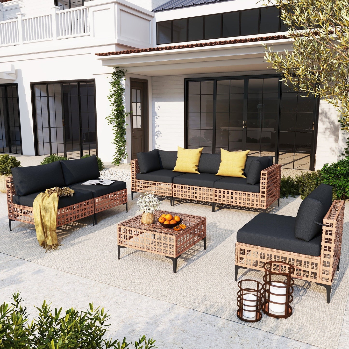 Ensemble de canapés modulaires d'extérieur pour 6 personnes avec coussins