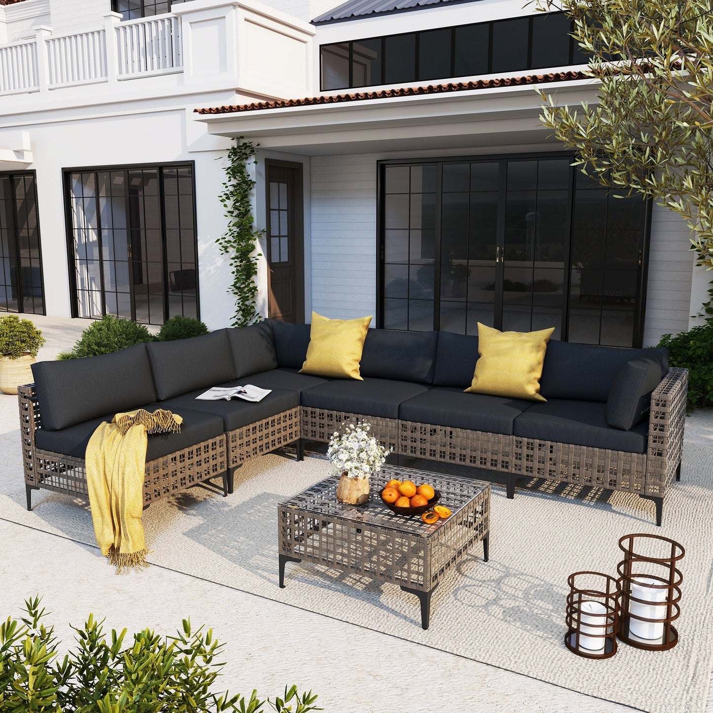 Ensemble de canapés modulaires d'extérieur pour 6 personnes avec coussins
