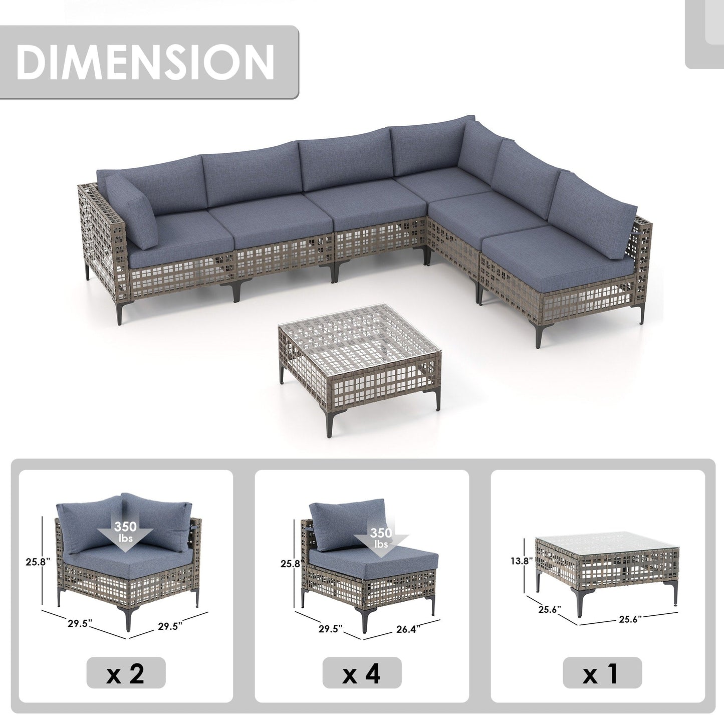 Ensemble de canapés modulaires d'extérieur pour 6 personnes avec coussins