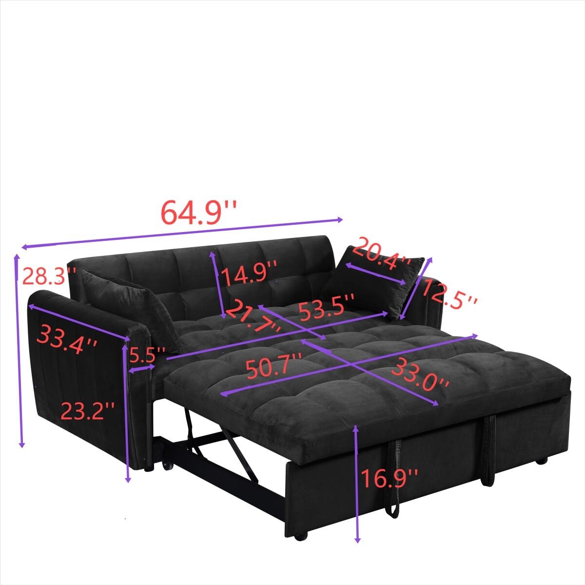 Canapé-lit convertible 3-en-1 en velours 64,96 avec dossier réglable, poche de rangement et capacité de poids de 227 kg.