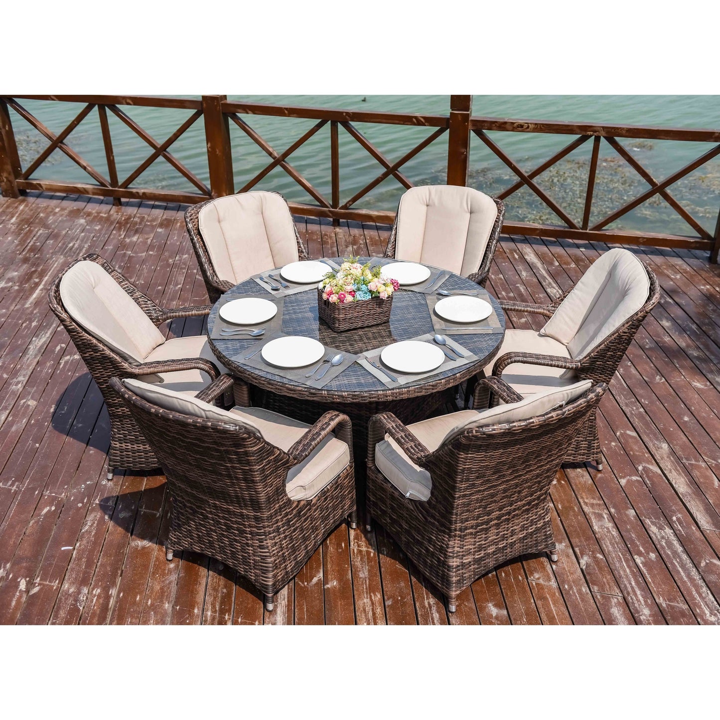 Ensemble de repas rond en rotin pour extérieur, 7 pièces, avec coussins, de Moda Furnishings