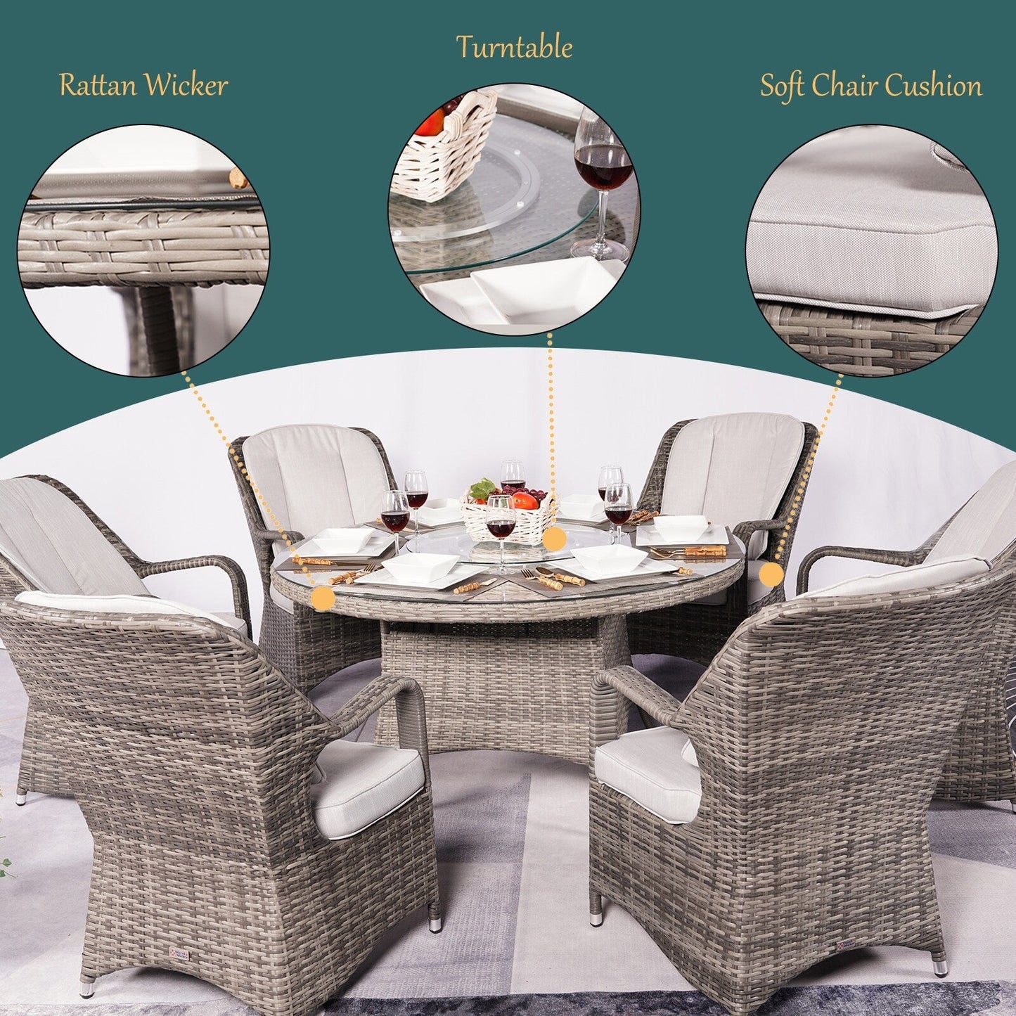 Ensemble de repas rond en rotin pour extérieur, 7 pièces, avec coussins, de Moda Furnishings