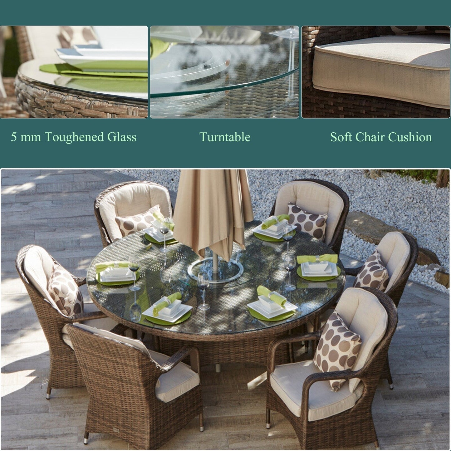 Ensemble de repas rond en rotin pour extérieur, 7 pièces, avec coussins, de Moda Furnishings