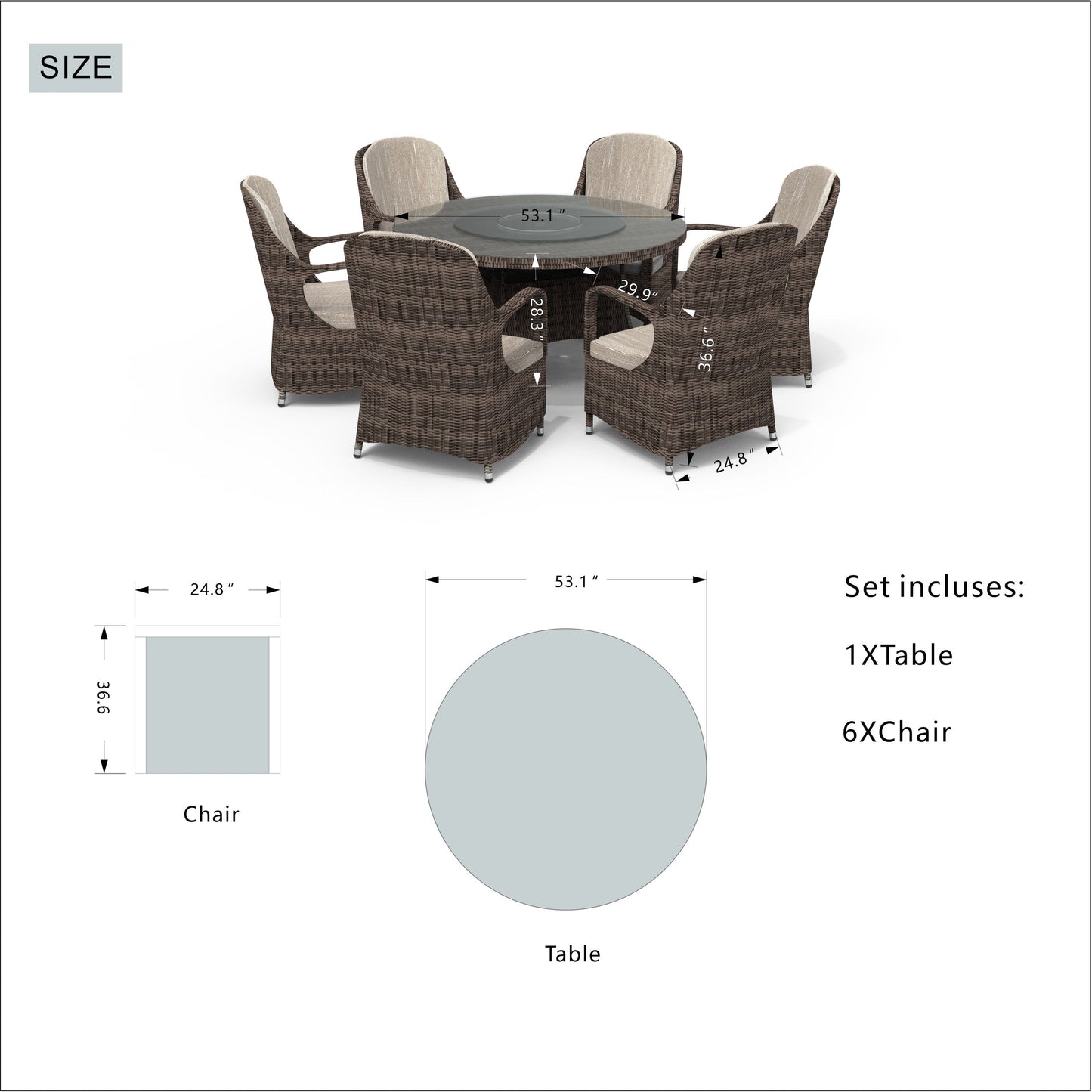 Ensemble de repas rond en rotin pour extérieur, 7 pièces, avec coussins, de Moda Furnishings