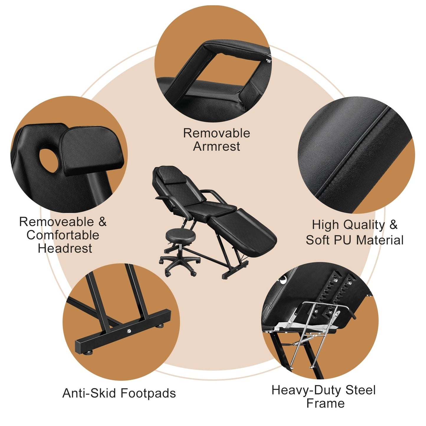 Chaise de tatouage, lit de massage, chaise de salon de beauté et spa réglable 73 avec tabouret