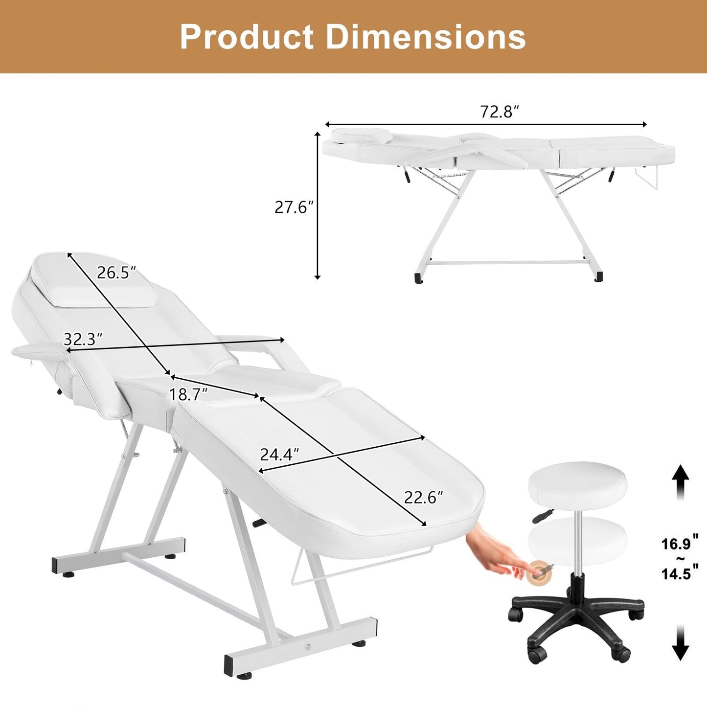 Chaise de tatouage, lit de massage, chaise de salon de beauté et spa réglable 73 avec tabouret