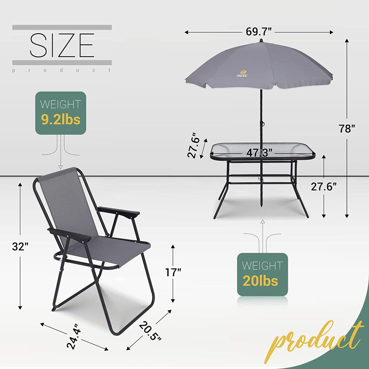 Ensemble de repas de jardin 8 pièces, ensemble de table de jardin d'extérieur avec parasol amovible, table en verre et 6 chaises pliantes