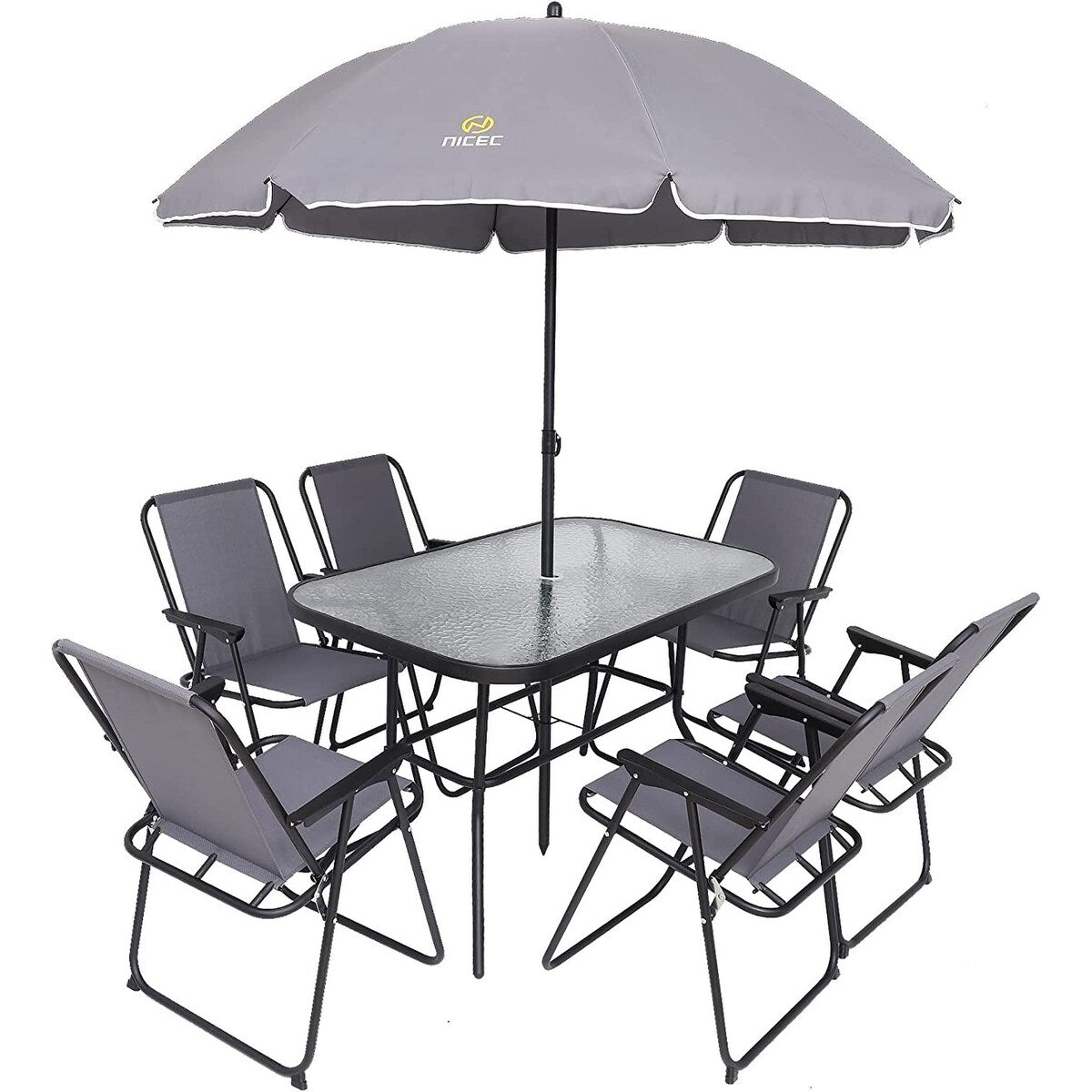 Ensemble de repas de jardin 8 pièces, ensemble de table de jardin d'extérieur avec parasol amovible, table en verre et 6 chaises pliantes