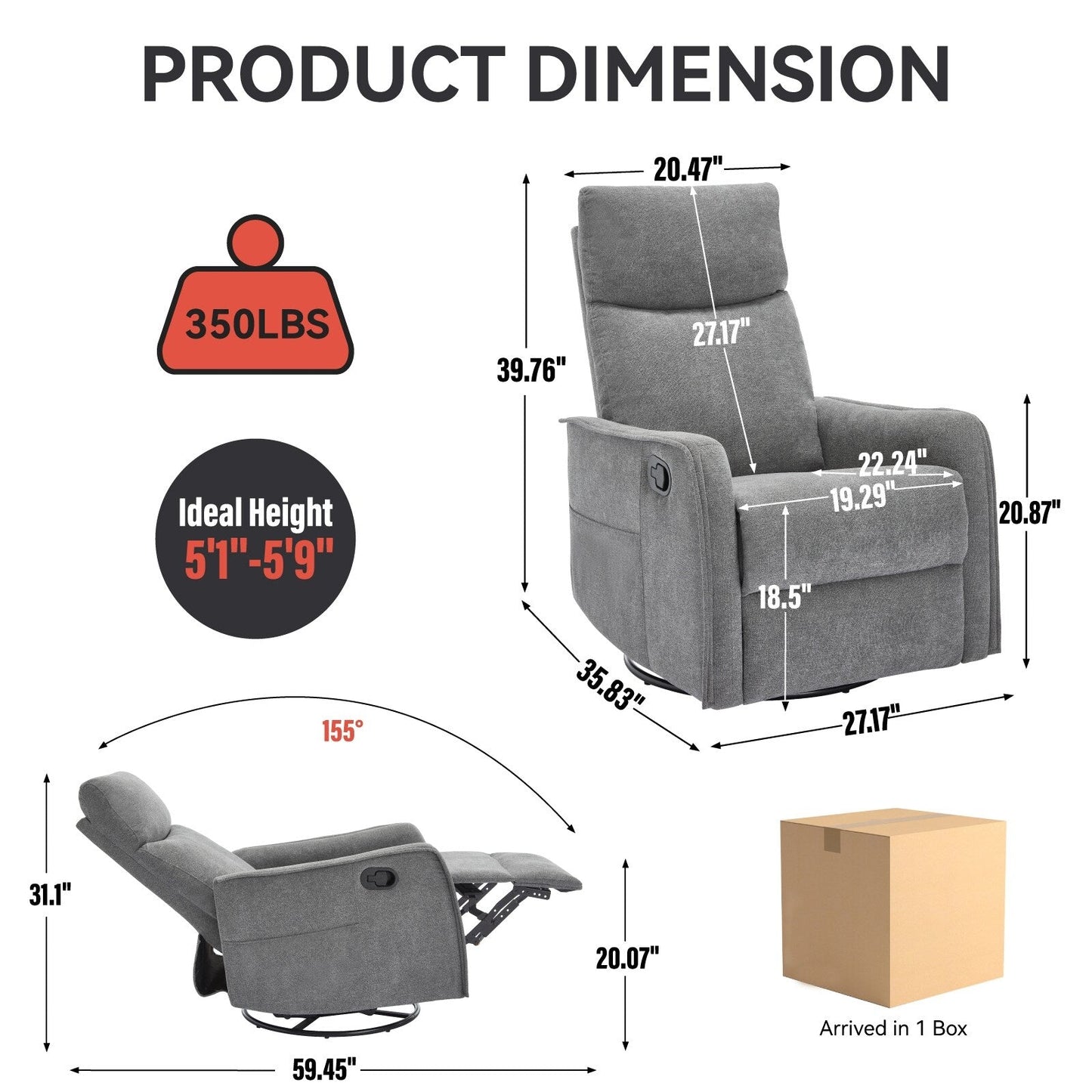 Fauteuil inclinable manuel à 8 points de massage, chaise pivotante et basculante en tissu, canapé simple, fauteuil avec fonction de basculement et chauffage lombaire.