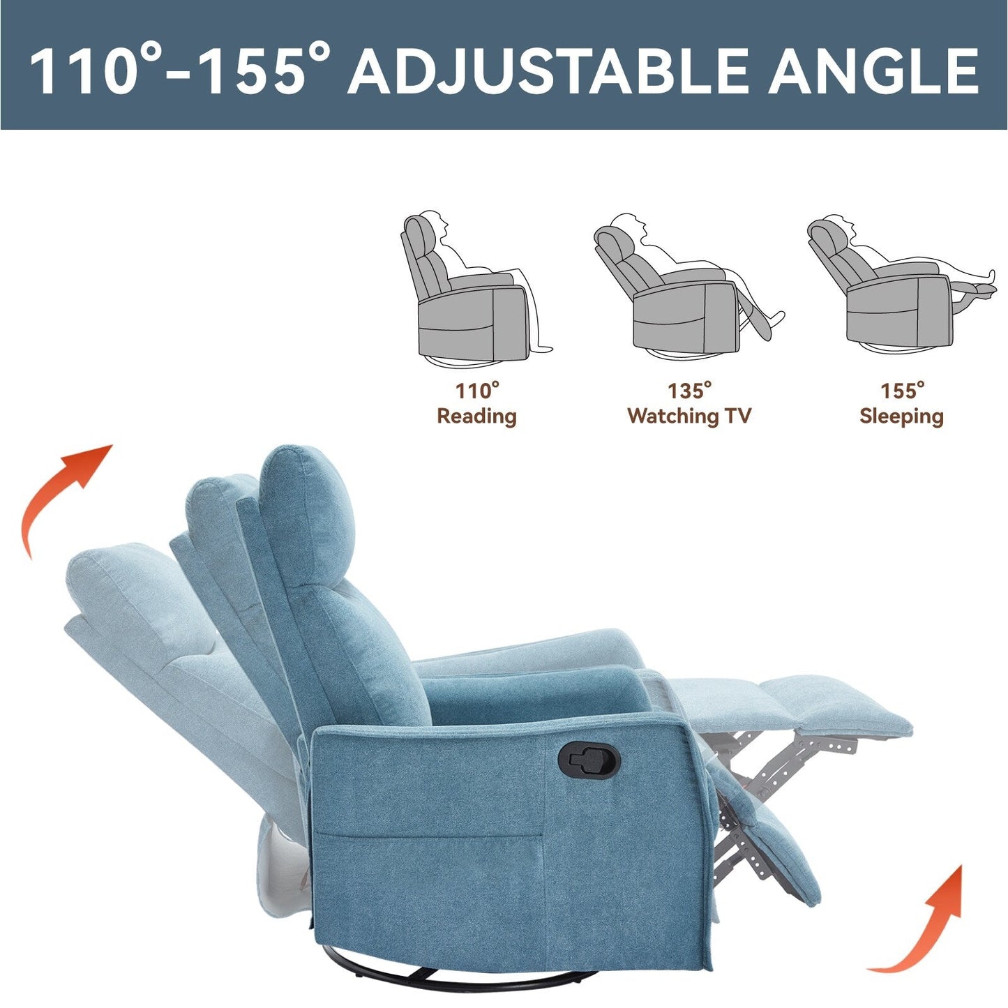 Fauteuil inclinable manuel à 8 points de massage, chaise pivotante et basculante en tissu, canapé simple, fauteuil avec fonction de basculement et chauffage lombaire.