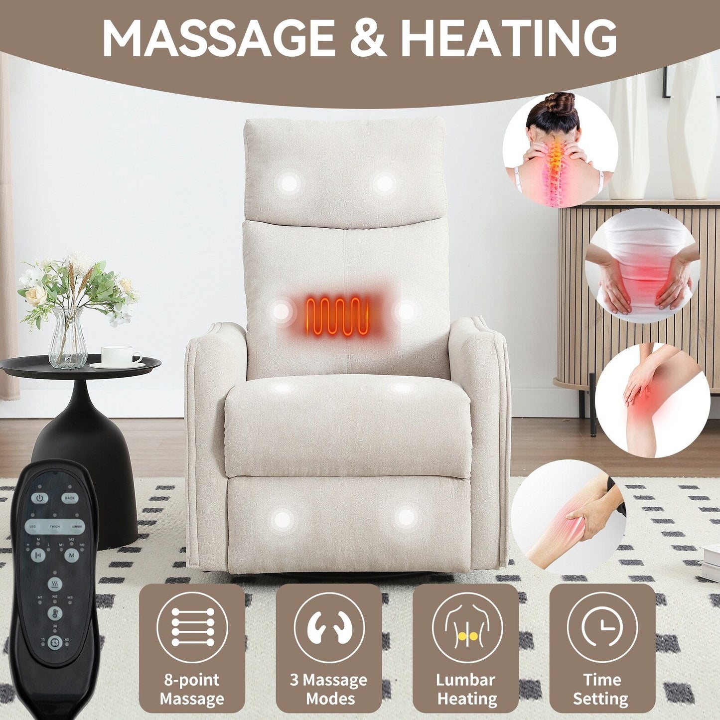 Fauteuil inclinable manuel à 8 points de massage, chaise pivotante et basculante en tissu, canapé simple, fauteuil avec fonction de basculement et chauffage lombaire.