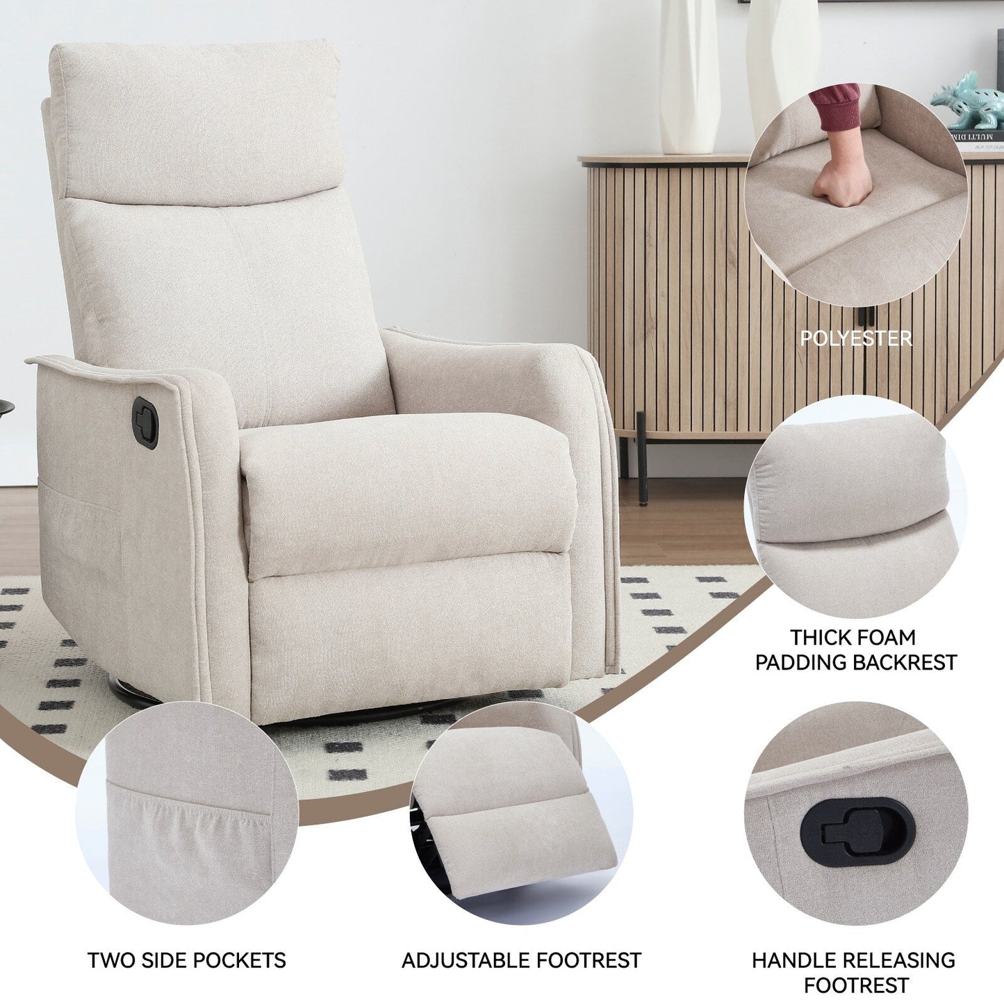 Fauteuil inclinable manuel à 8 points de massage, chaise pivotante et basculante en tissu, canapé simple, fauteuil avec fonction de basculement et chauffage lombaire.