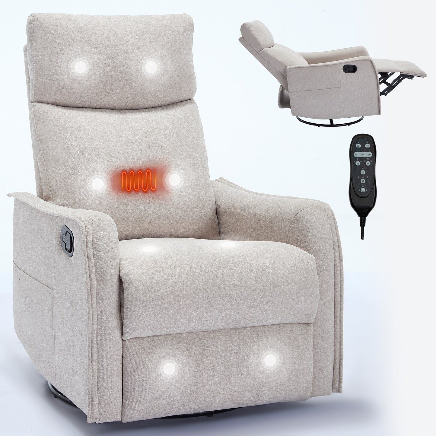 Fauteuil inclinable manuel à 8 points de massage, chaise pivotante et basculante en tissu, canapé simple, fauteuil avec fonction de basculement et chauffage lombaire.