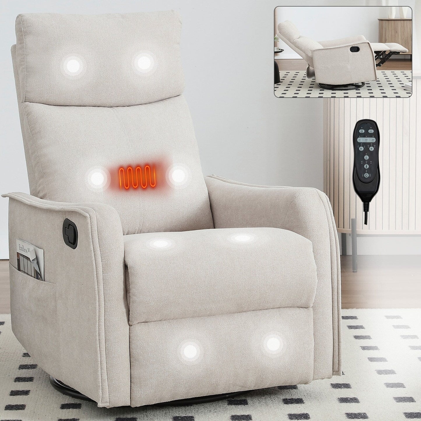 Fauteuil inclinable manuel à 8 points de massage, chaise pivotante et basculante en tissu, canapé simple, fauteuil avec fonction de basculement et chauffage lombaire.
