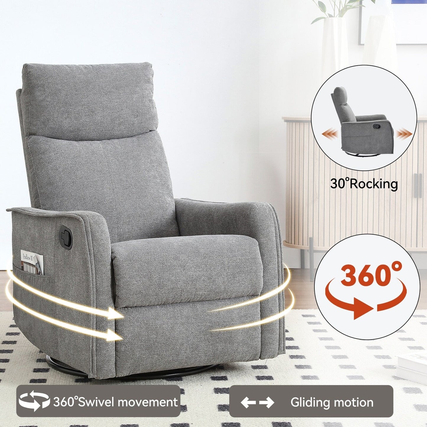 Fauteuil inclinable manuel à 8 points de massage, chaise pivotante et basculante en tissu, canapé simple, fauteuil avec fonction de basculement et chauffage lombaire.