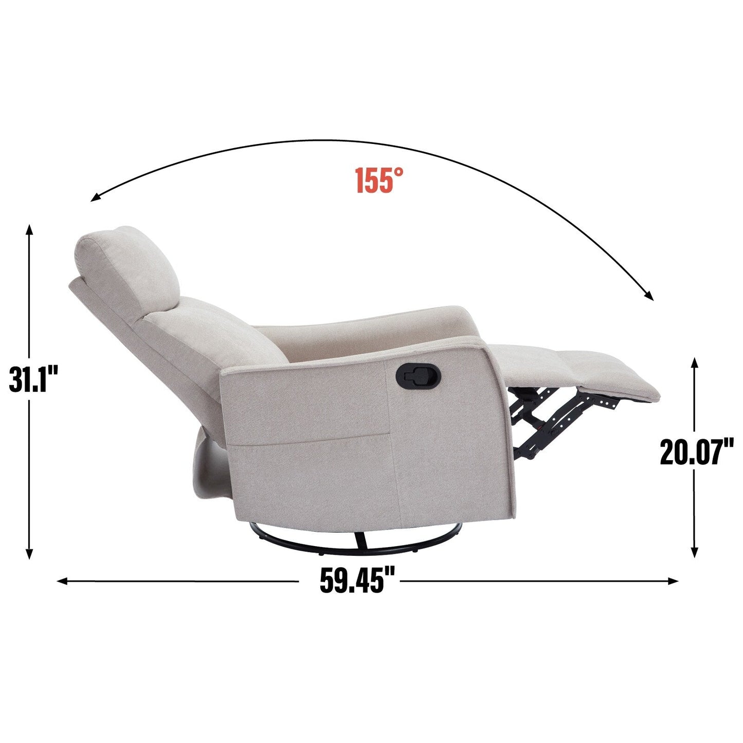 Fauteuil inclinable manuel à 8 points de massage, chaise pivotante et basculante en tissu, canapé simple, fauteuil avec fonction de basculement et chauffage lombaire.